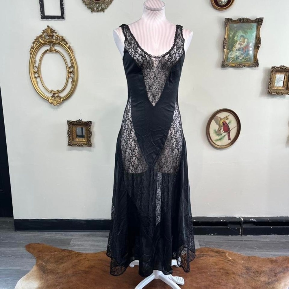 Vintage Y2K Black Lace Sheer Slip Dress – Goth Lingerie Maxi Grunge Fairy - Picture 1 of 8